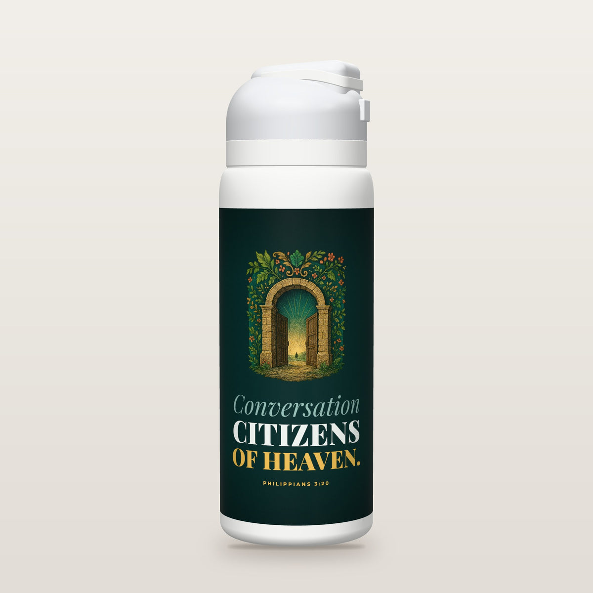 White Owala water bottle with a teal printed band, a hand-painted engraving of an open stone city gate with dawn light beyond it, the words Conversation and CITIZENS OF HEAVEN., and Philippians 3:20 with the meaning of conversation.