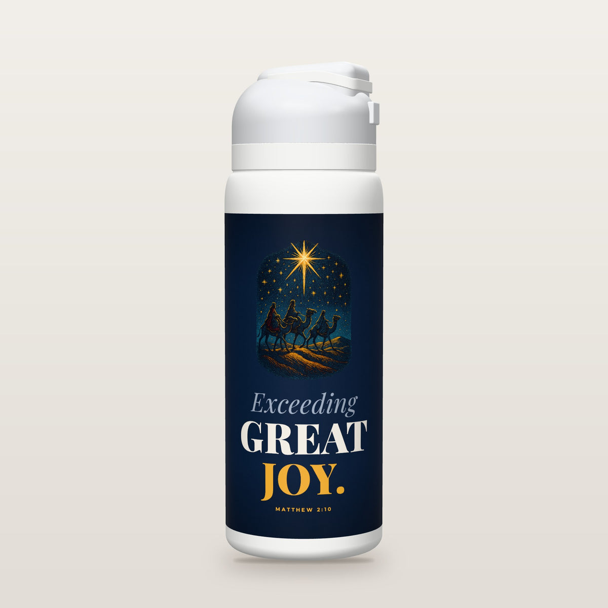 White Owala water bottle with a navy printed band, a hand-painted Star of Bethlehem shining over three wise men on camels, and the words Exceeding GREAT JOY. with Matthew 2:10.