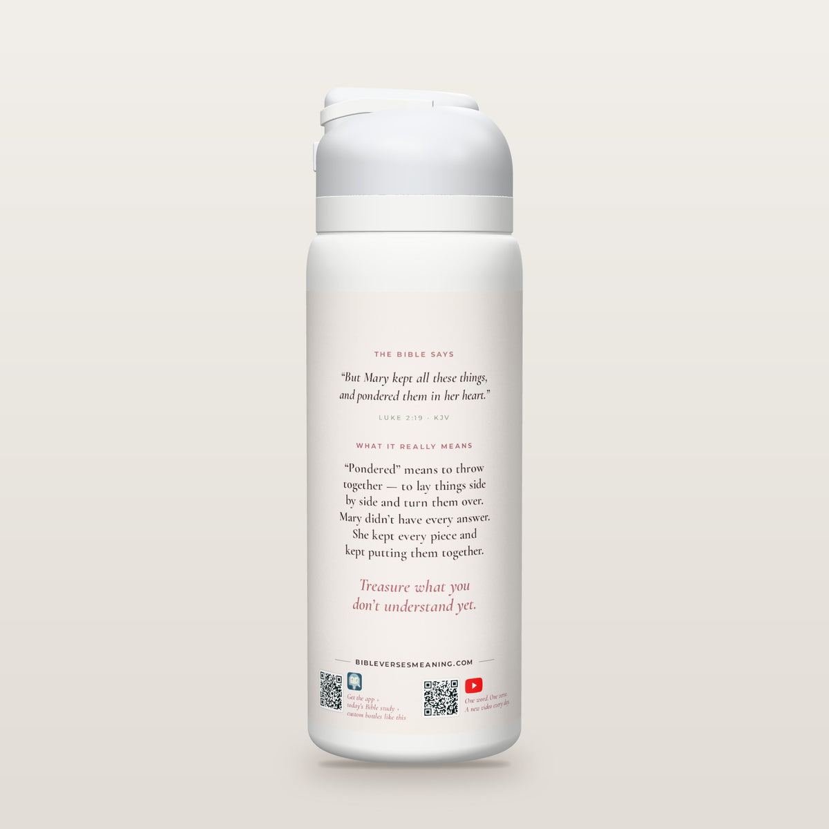 Back of the Piece by Piece · Christmas bottle: Luke 2:19 (KJV) and what it really means, with QR codes
