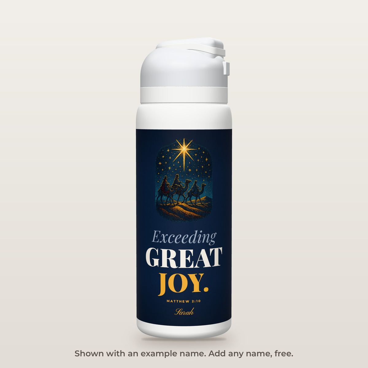 Exceeding Great Joy · Christmas bottle shown personalized with an example name