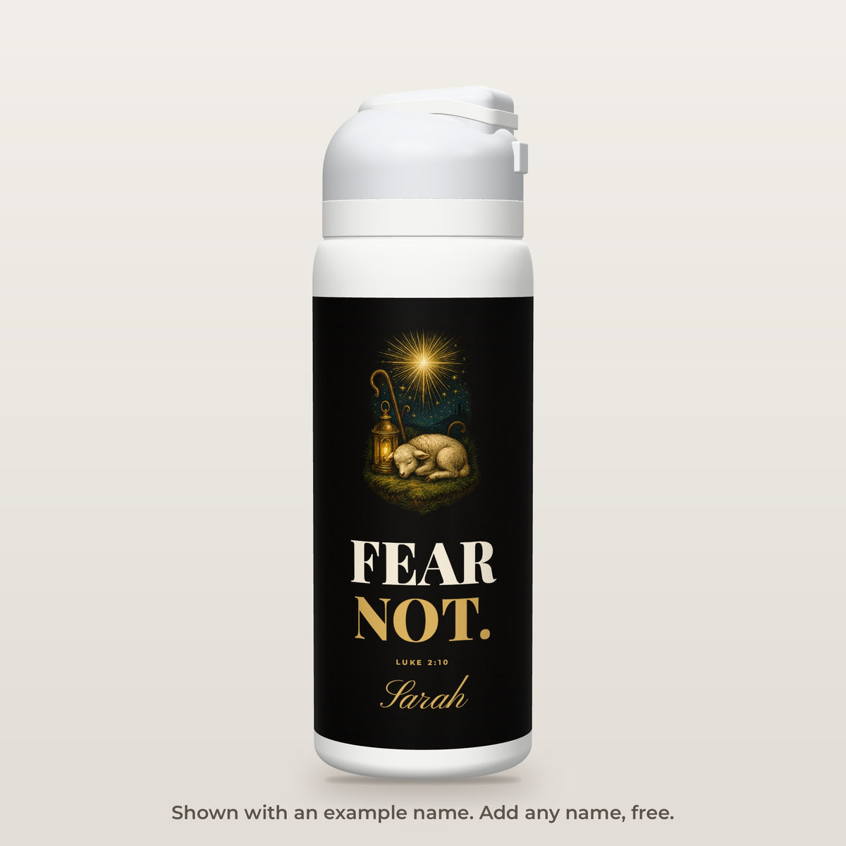 Fear Not · Christmas bottle shown personalized with an example name