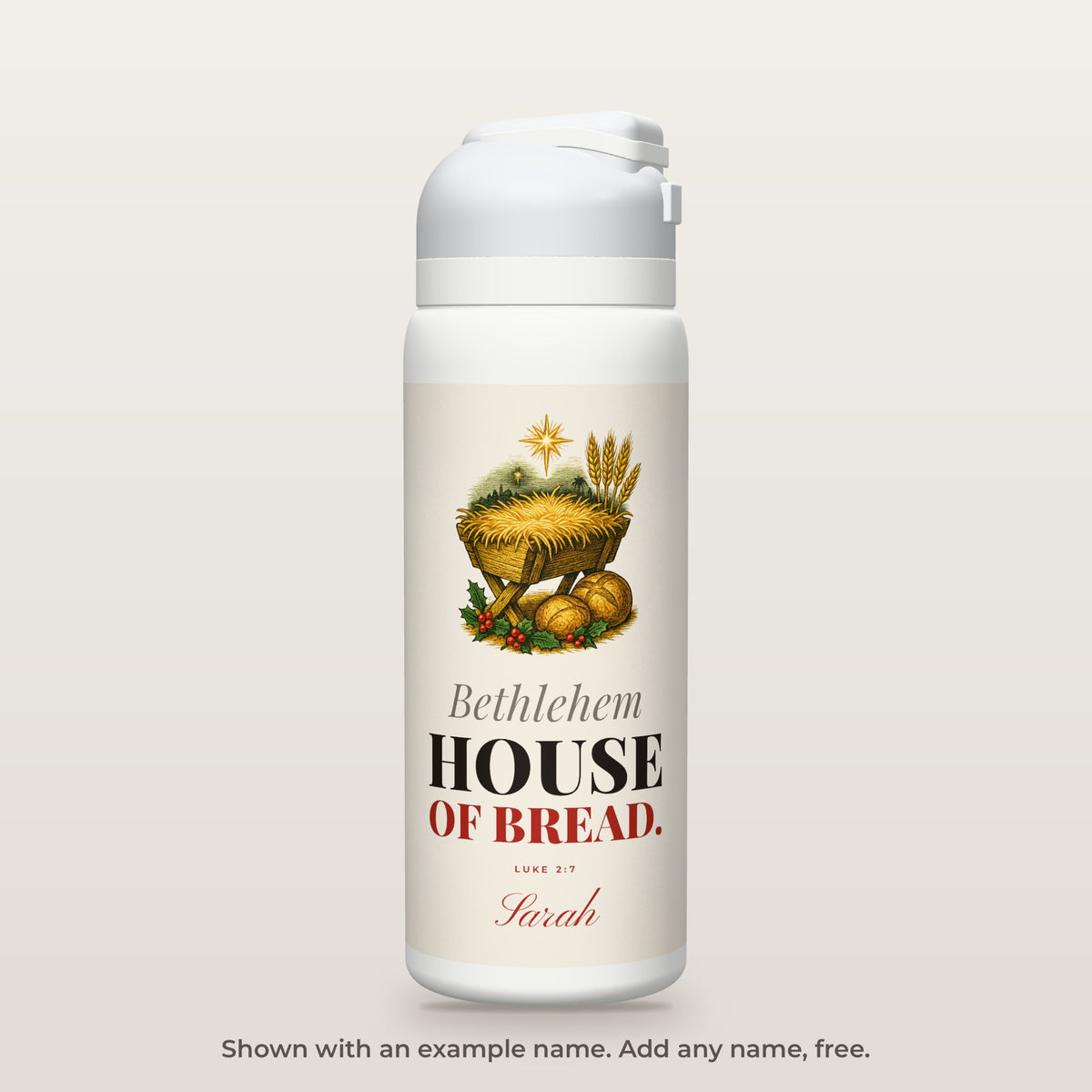 House of Bread · Christmas bottle shown personalized with an example name