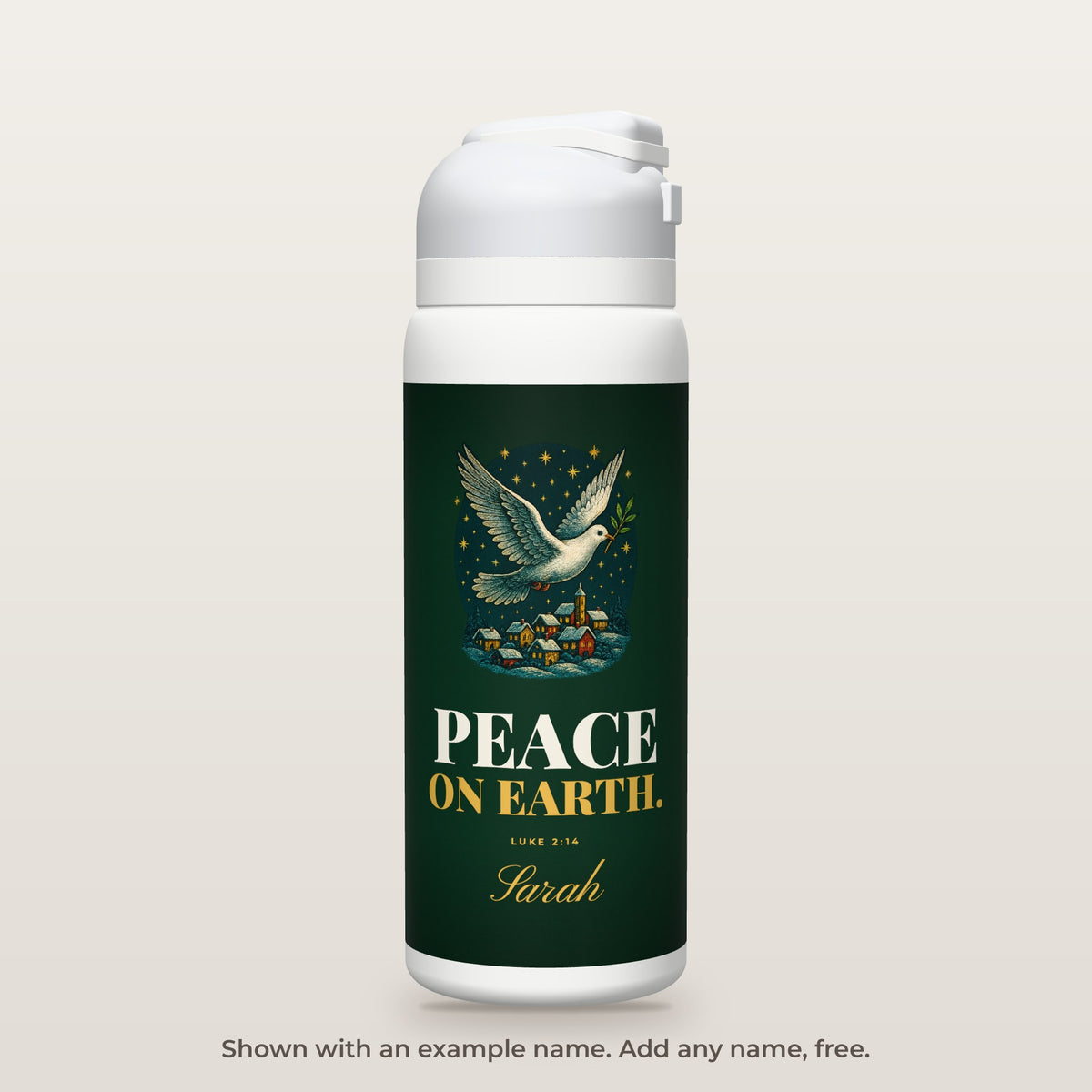 Peace on Earth · Christmas bottle shown personalized with an example name