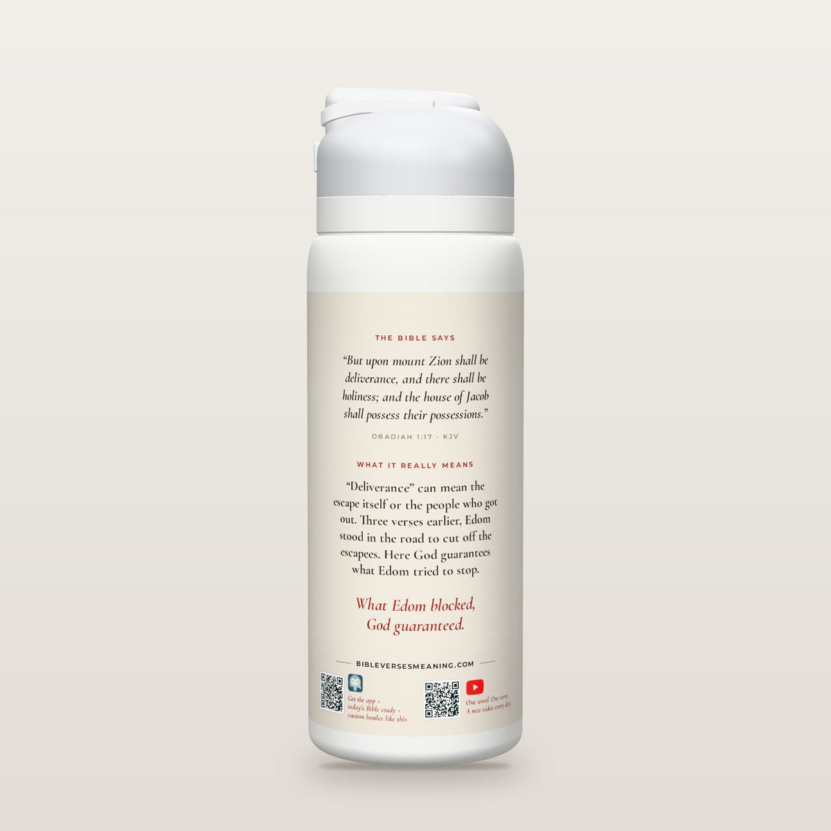 Back of the Still Standing bottle: Obadiah 1:17 (KJV) and what it really means, with QR codes