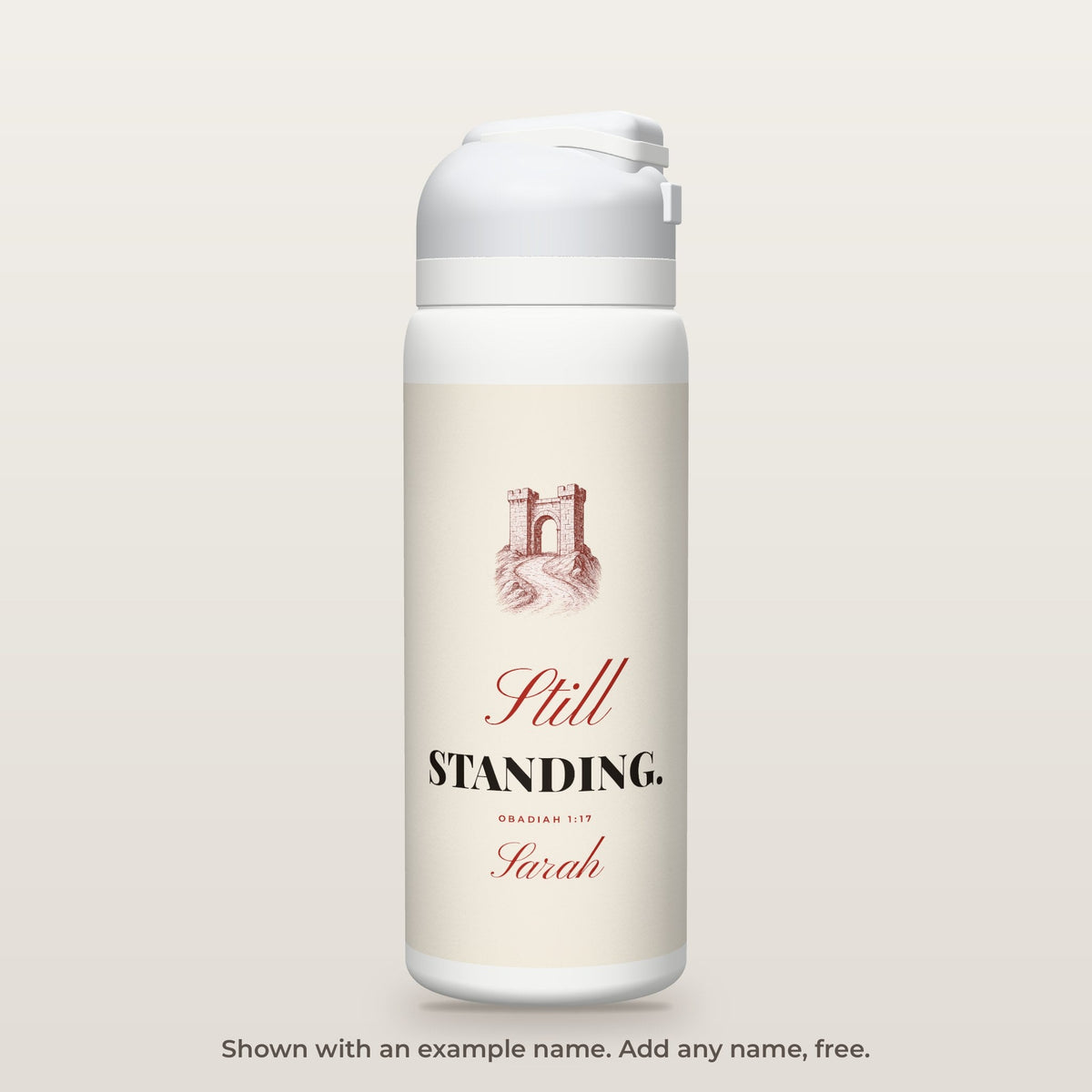 Still Standing bottle shown personalized with an example name
