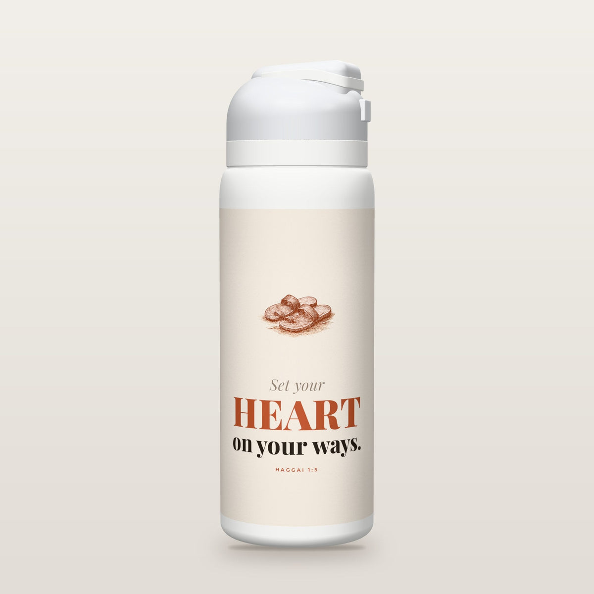 White Owala water bottle with a clay printed band, a pair of sandals on a road, the words Set your HEART on your ways, and Haggai 1:5 with its meaning.