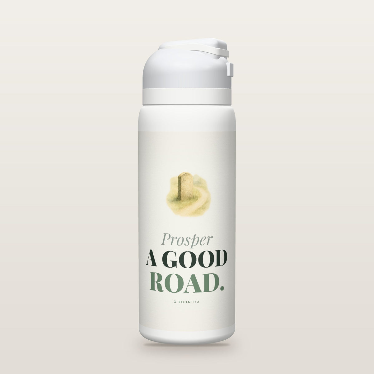 White Owala water bottle with a sage printed band, a watercolor milestone and footpath, the words Prosper A GOOD ROAD, and 3 John 1:2 with its meaning.