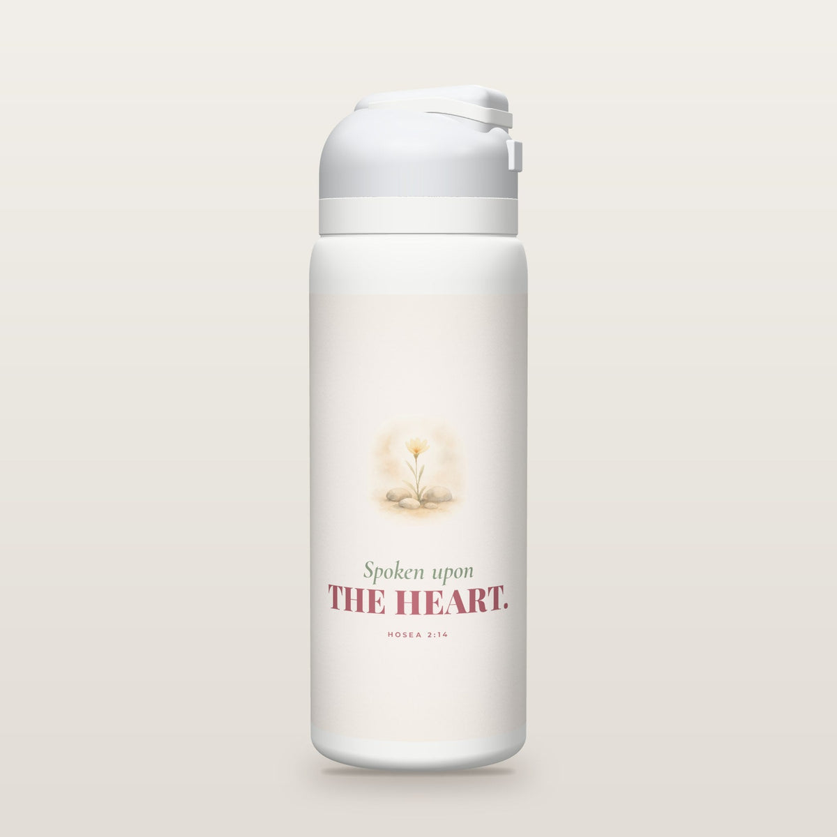 White Owala water bottle with a soft rose printed band, a watercolor desert wildflower, the words Spoken upon THE HEART, and Hosea 2:14 with its meaning.