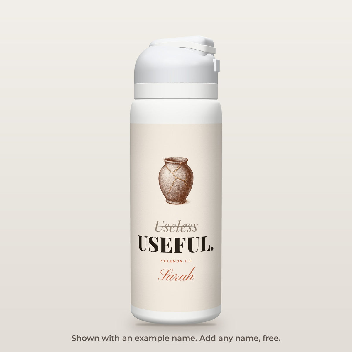 Useless to Useful bottle shown personalized with an example name