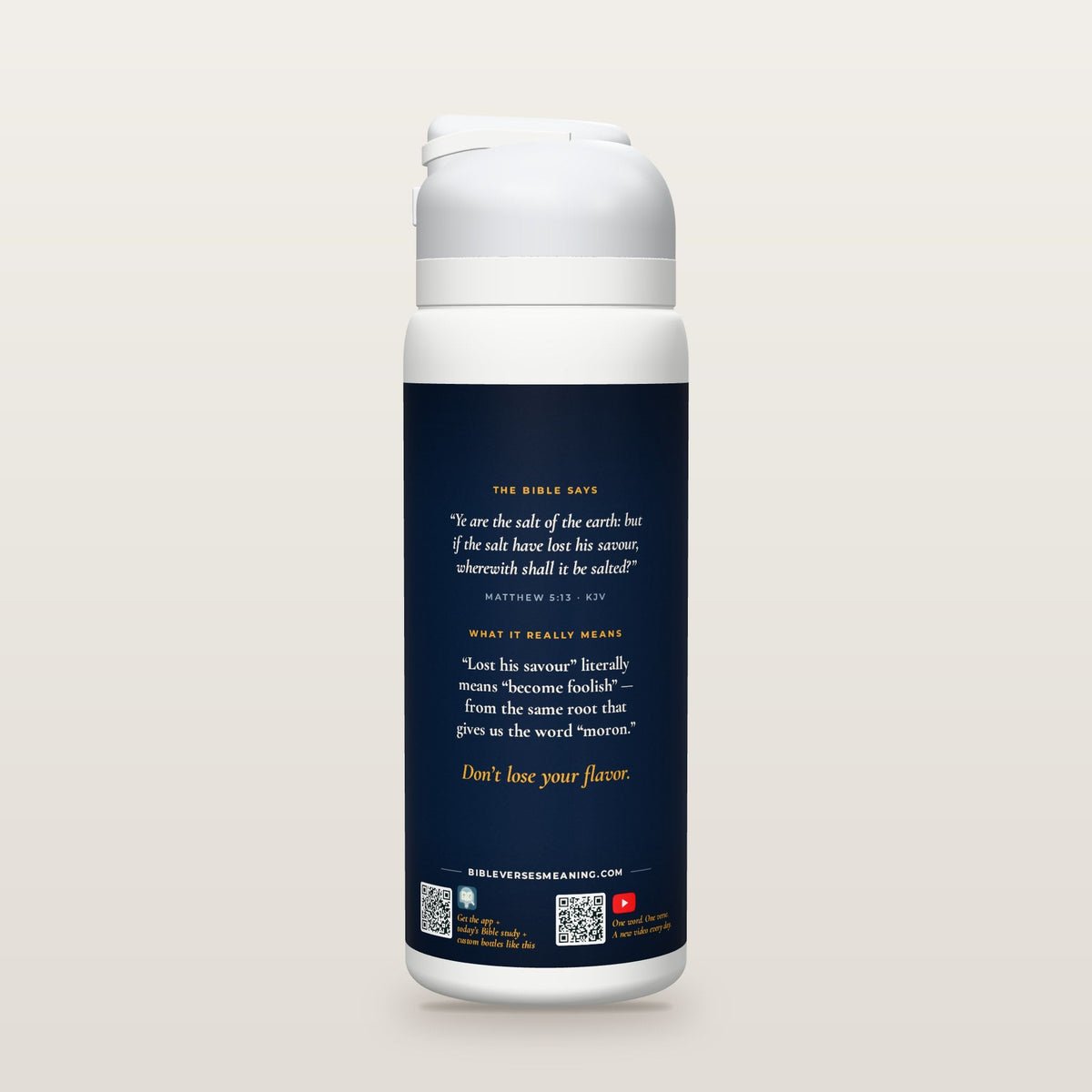 Back of the Salt & Light bottle: Matthew 5:13 (KJV) and what it really means, with QR codes