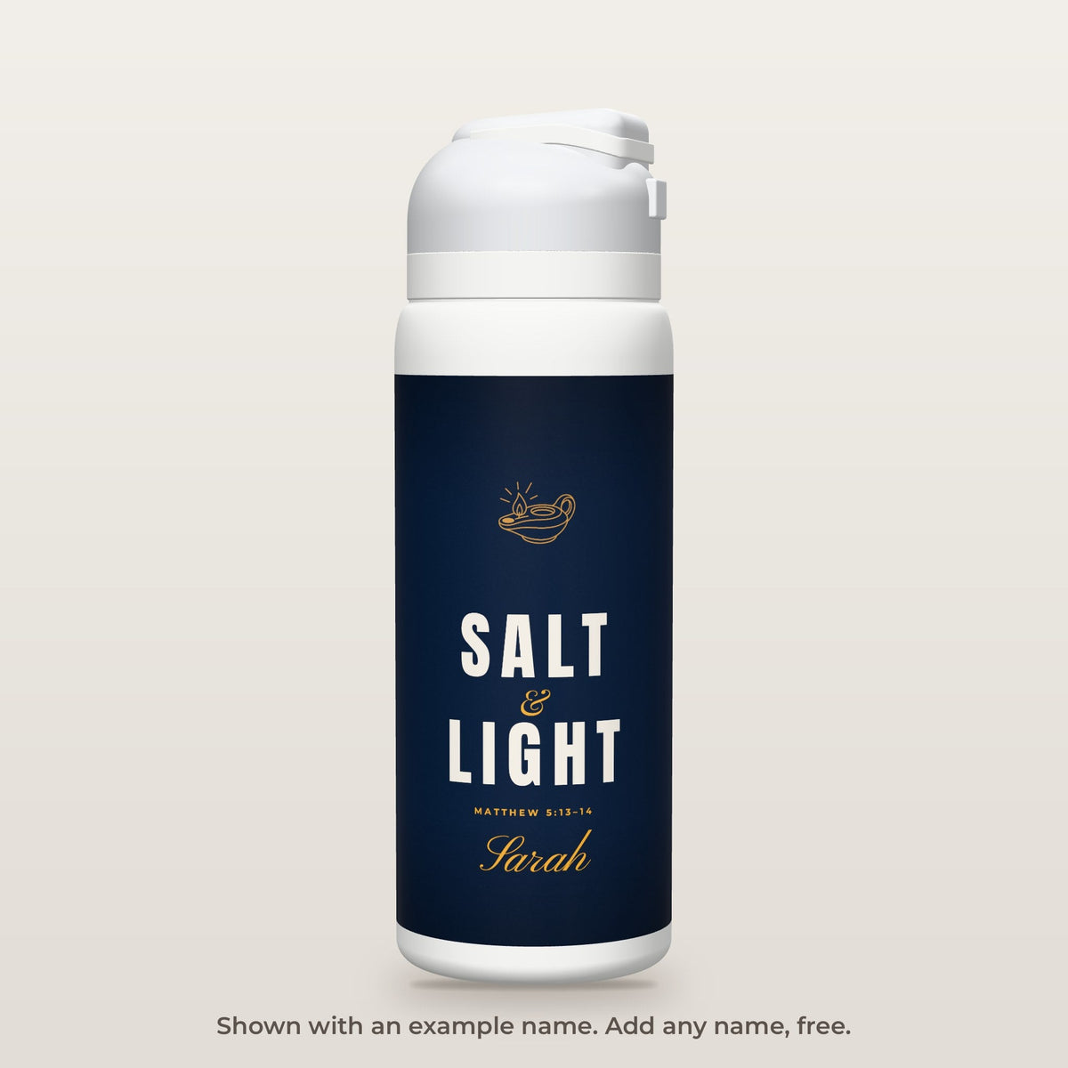 Salt & Light bottle shown personalized with an example name