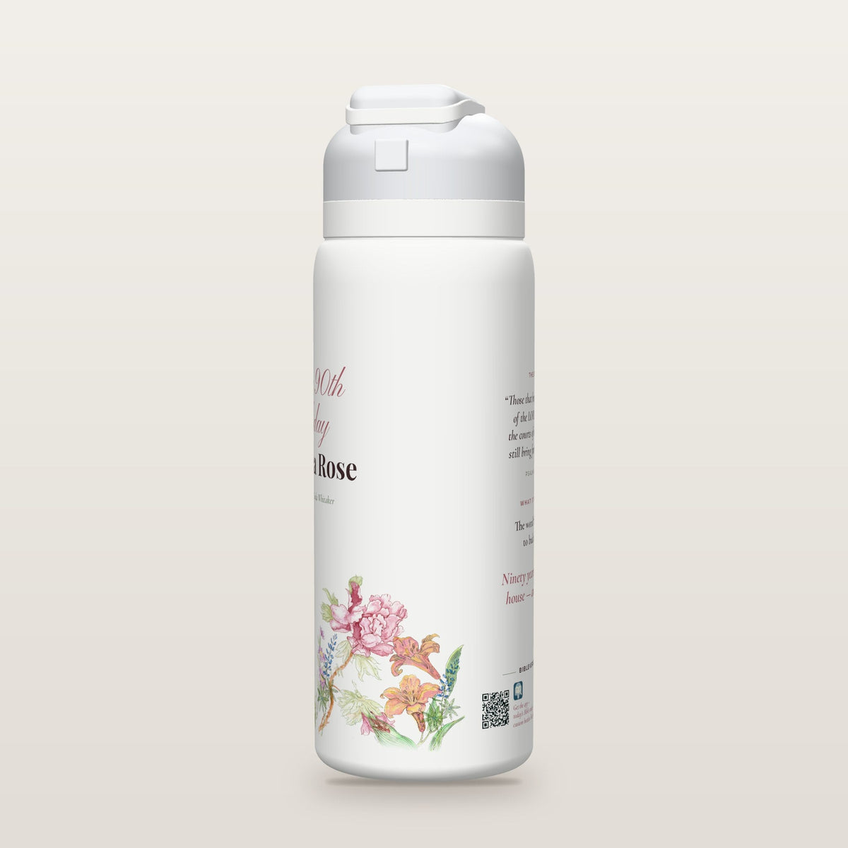 Side of the Still Blooming Birthday Bottle · Garden Border bottle: watercolor garden-border flowers wrapping around the bottle