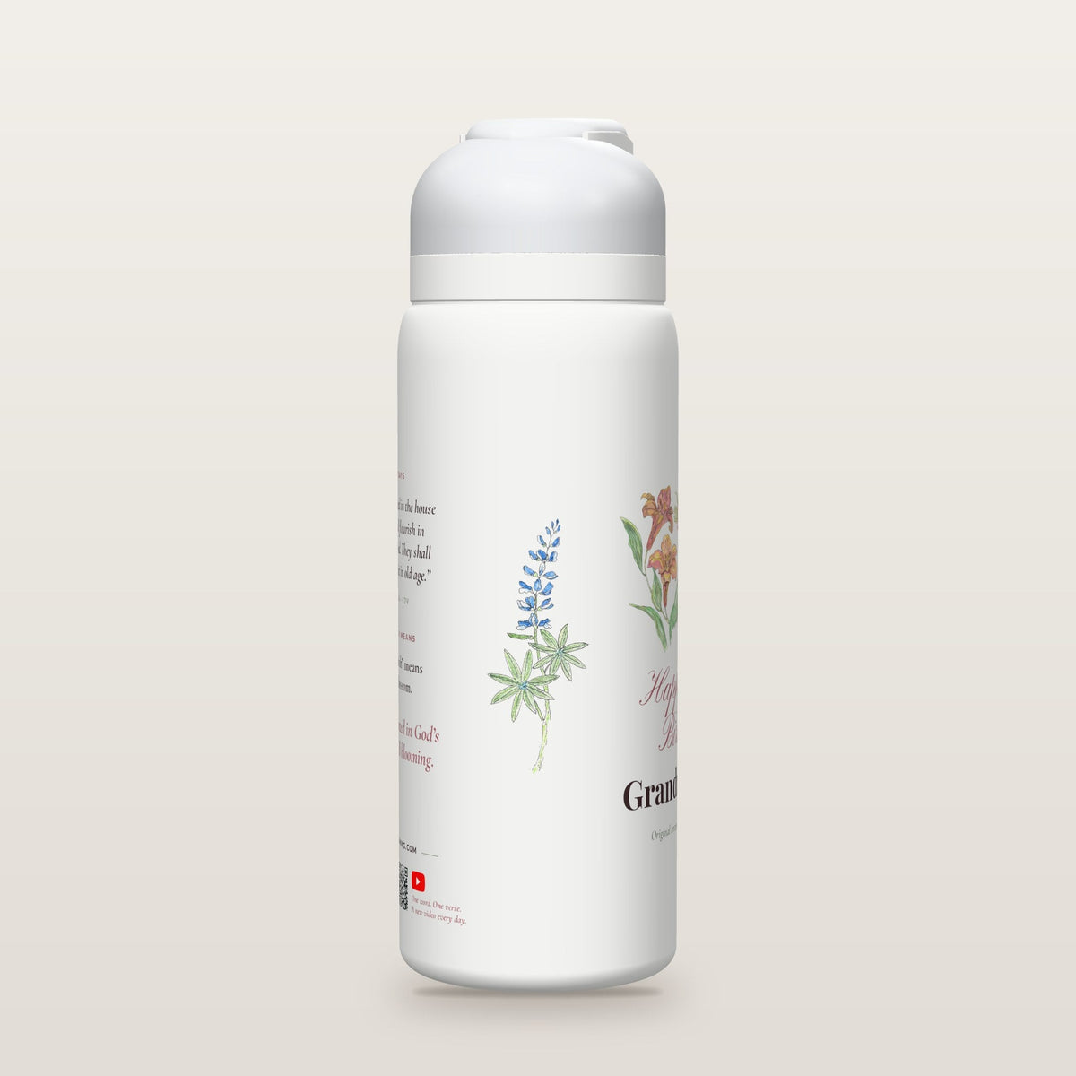 Side of the Still Blooming Birthday Bottle · Her Flowers bottle: bluebonnets