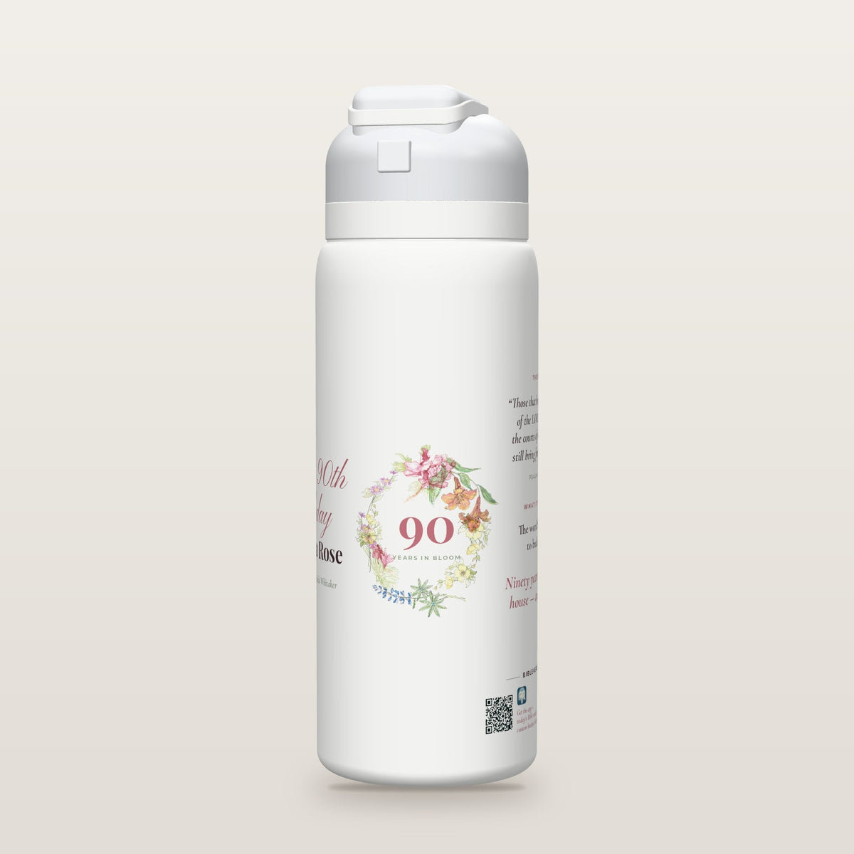 Side of the Still Blooming Birthday Bottle · Wreath bottle: a watercolor flower wreath around the age (“90 · Years in Bloom” in the sample)