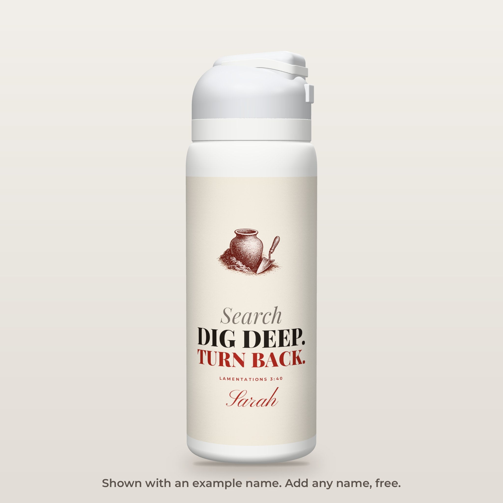 Search and Turn Again bottle shown personalized with an example name