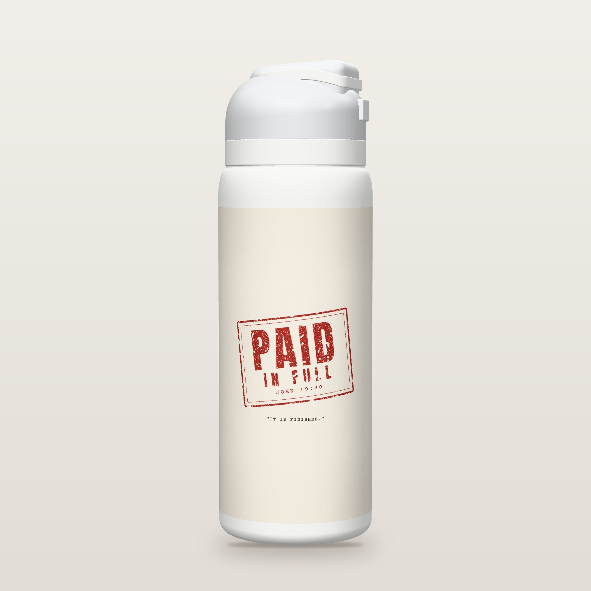 White Owala water bottle with a cream printed band and a red rubber-stamp graphic reading PAID IN FULL, John 19:30.