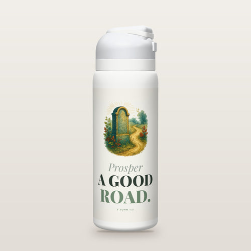 White Owala water bottle with a sage printed band, a hand-painted engraving of a milestone and footpath, the words Prosper A GOOD ROAD, and 3 John 1:2 with its meaning.