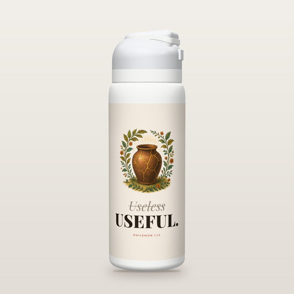 White Owala water bottle with a cream printed band, a hand-painted engraving of a hand-painted engraving of a clay jar mended in gold, the word Useless crossed out above USEFUL, and Philemon 1:11 with the meaning behind Onesimus’s name.