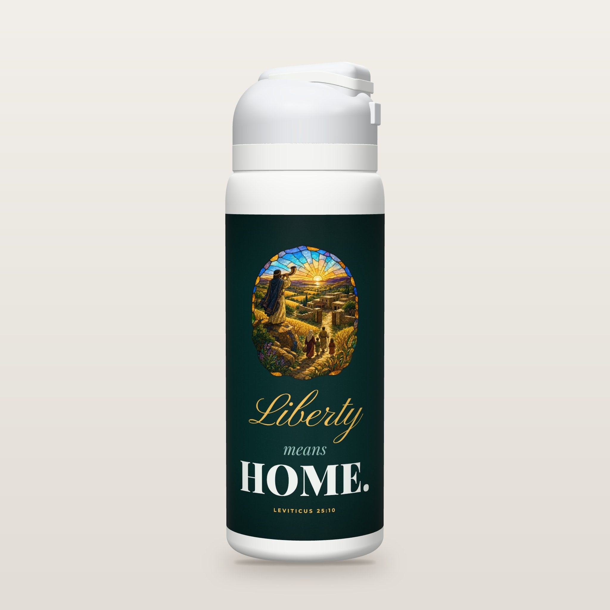 White Owala water bottle with a deep teal printed band, a stained-glass illustration of a robed man sounding a ram’s-horn trumpet over golden grain fields at sunrise as a family walks home toward a stone farmhouse with open gates, the words Liberty means HOME., and Leviticus 25:10 with the meaning of liberty in the jubilee.