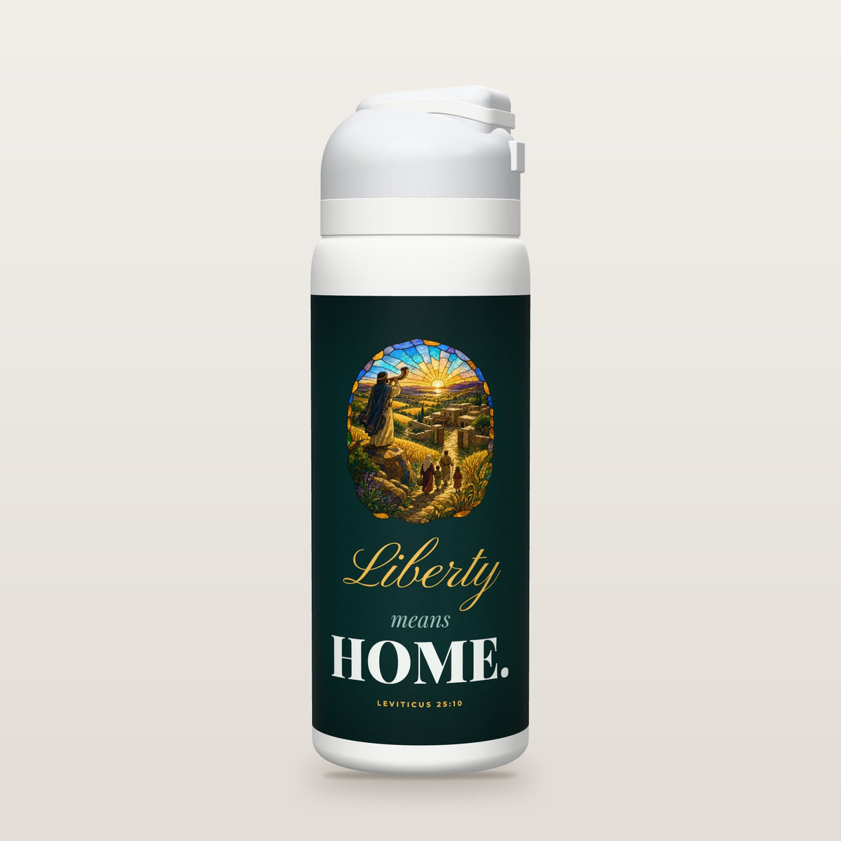 White Owala water bottle with a deep teal printed band, a stained-glass illustration of a robed man sounding a ram’s-horn trumpet over golden grain fields at sunrise as a family walks home toward a stone farmhouse with open gates, the words Liberty means HOME., and Leviticus 25:10 with the meaning of liberty in the jubilee.