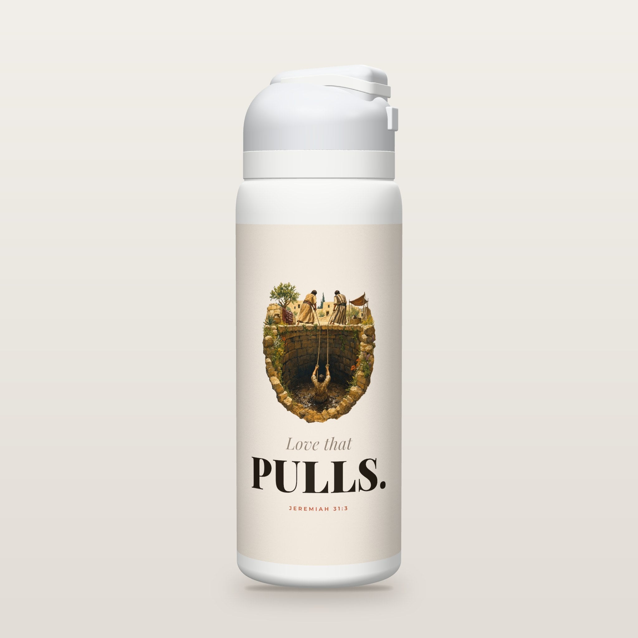 White Owala water bottle with a warm cream printed band, a gouache painting of two robed men at the rim of a deep stone cistern pulling a man up out of the mud with ropes, the words Love that PULLS., and Jeremiah 31:3 with the meaning of the Hebrew word for drawn.