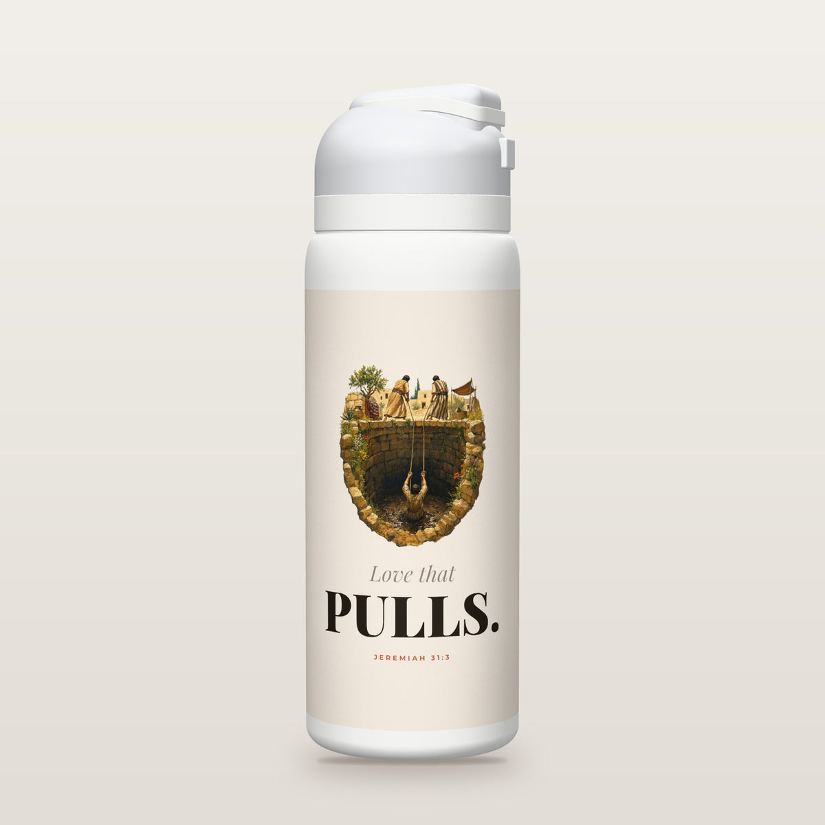 White Owala water bottle with a warm cream printed band, a gouache painting of two robed men at the rim of a deep stone cistern pulling a man up out of the mud with ropes, the words Love that PULLS., and Jeremiah 31:3 with the meaning of the Hebrew word for drawn.
