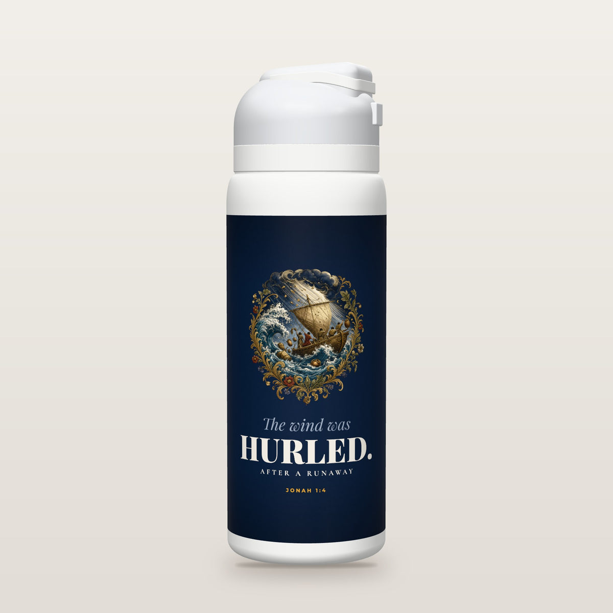 White Owala water bottle with a deep navy printed band, a illustrated engraving of a small ancient ship tossed on towering waves as a gust of wind hurls down from storm clouds and sailors throw cargo overboard, framed in gold scrollwork, the words The wind was HURLED., and Jonah 1:4 with the meaning of the Hebrew word for sent out.