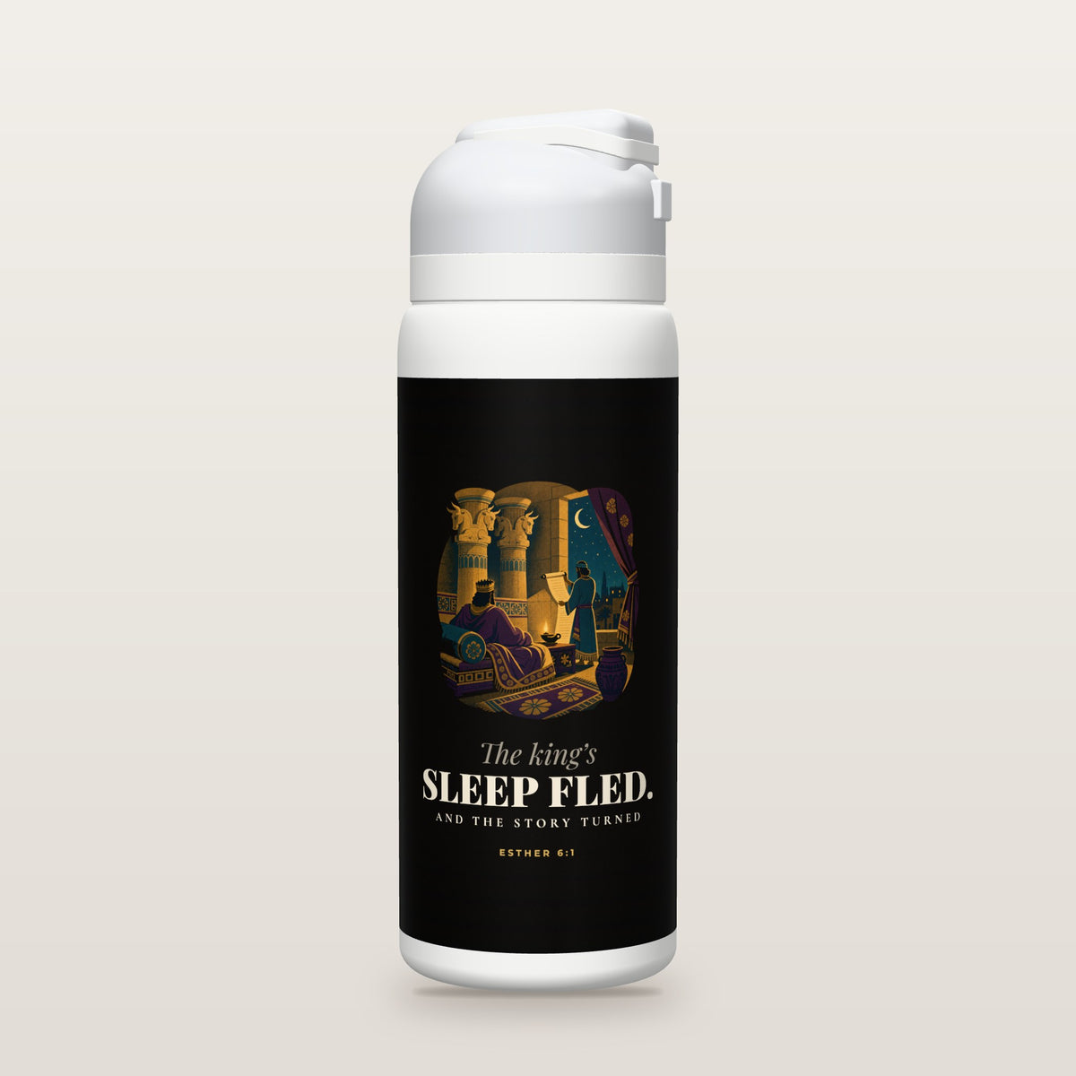 White Owala water bottle with a near-black printed band, a vintage screen-print illustration of a crowned king seen from behind sitting up awake on his couch-bed at night while a robed scribe reads to him from a long scroll by an oil lamp, under bull-capital columns and a crescent moon, the words The king’s SLEEP FLED., and Esther 6:1 with the meaning of the Hebrew behind could not sleep.