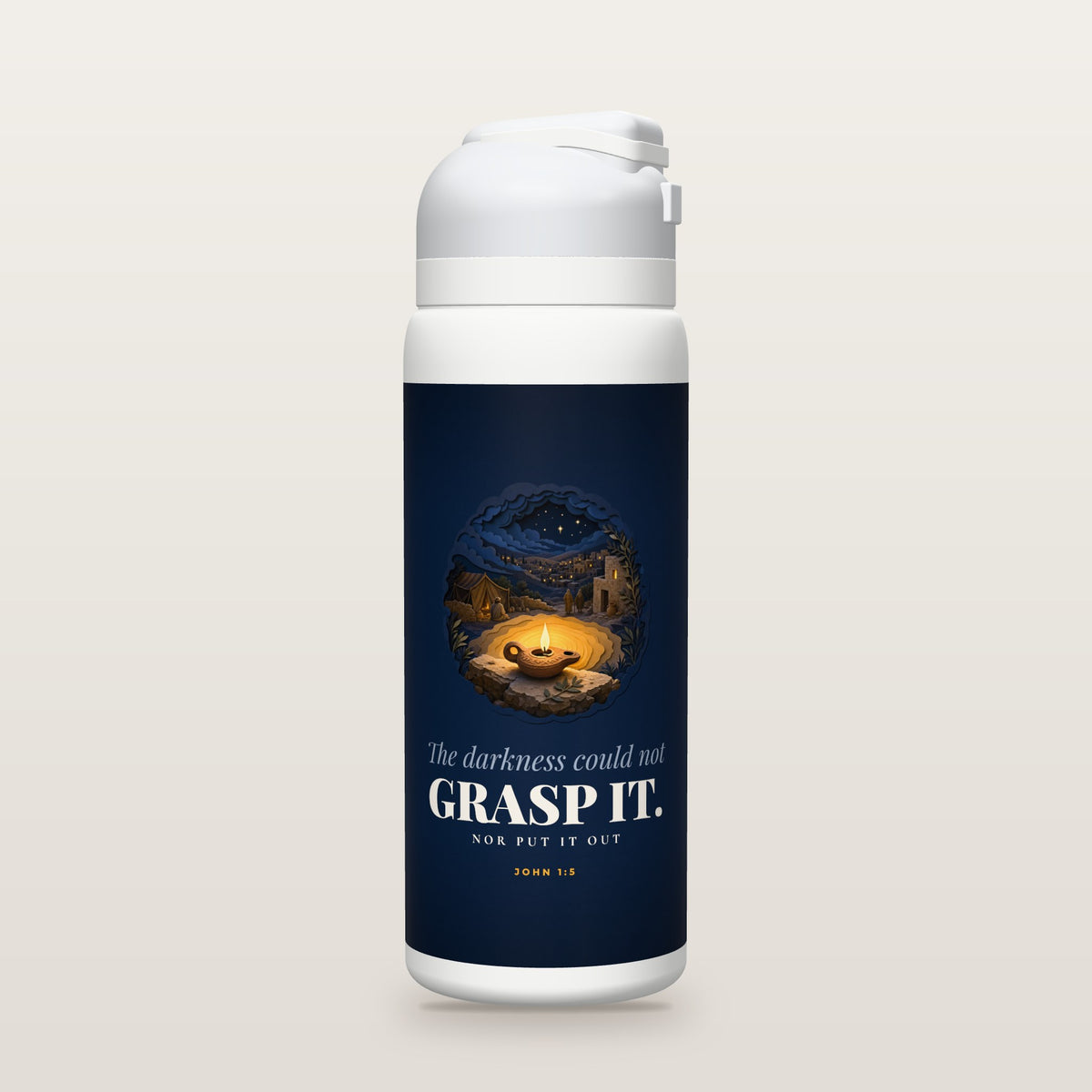 White Owala water bottle with a deep navy printed band, a layered cut-paper illustration of a small ancient clay oil lamp glowing on a stone ledge, its rings of golden light holding back the layered night clouds, the words The darkness could not GRASP IT. nor put it out., and John 1:5 with the meaning of the Greek word for comprehended.