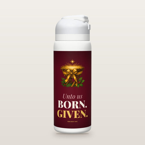 White Owala water bottle with a cranberry printed band, a hand-painted engraving of a manger tied with a gold ribbon like a gift under a star, and the words Unto us BORN. GIVEN. with Isaiah 9:6.