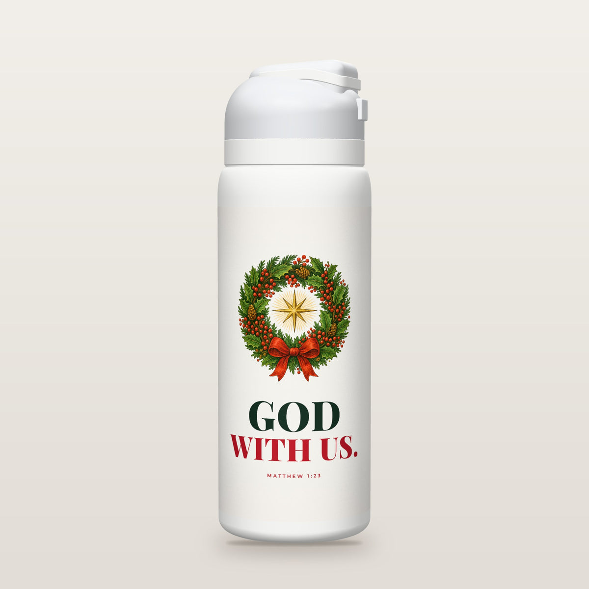 White Owala water bottle with a white printed band, a hand-painted holly wreath with a red bow and a gold star, and the words GOD WITH US. with Matthew 1:23.