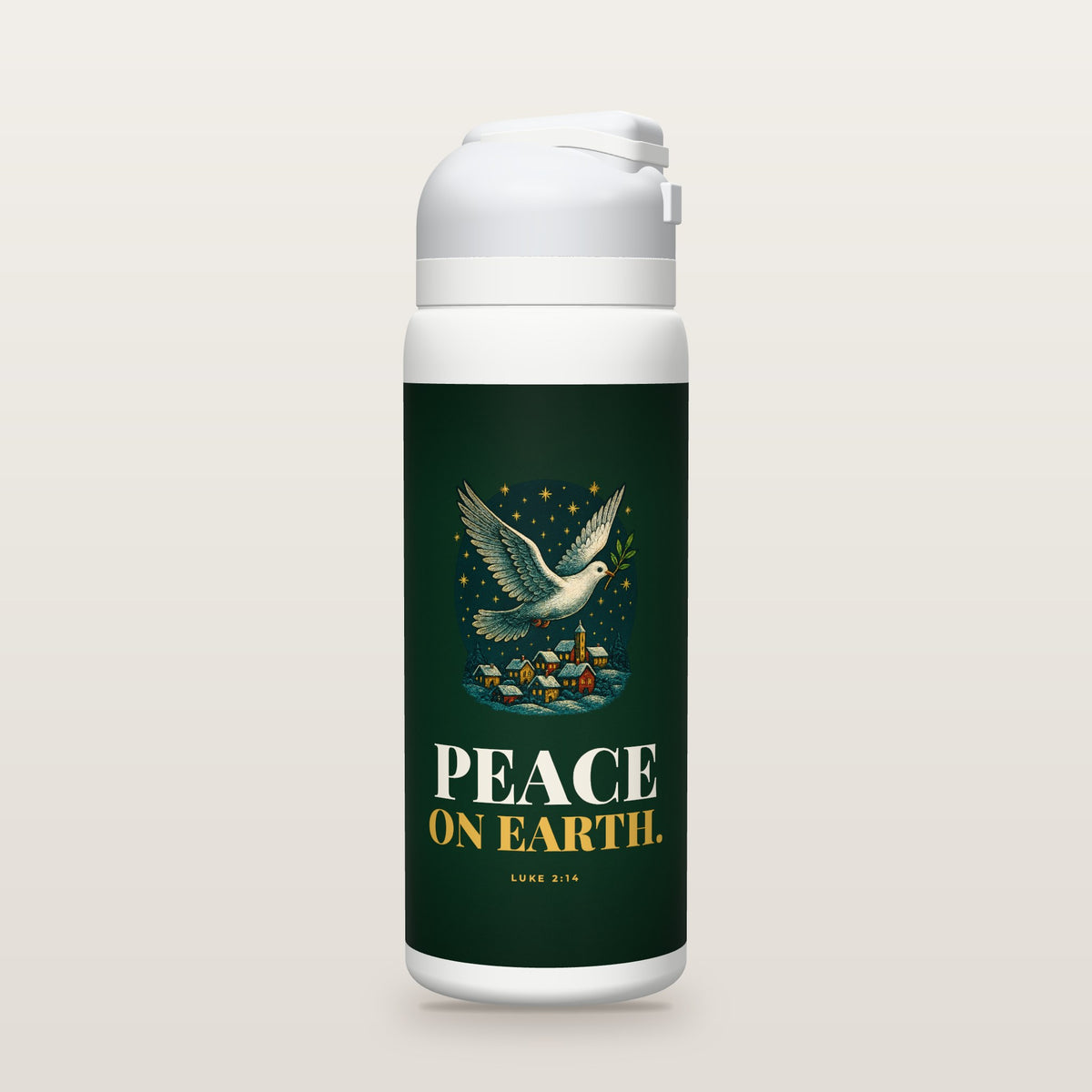 White Owala water bottle with a evergreen printed band, a hand-painted white dove with an olive sprig flying over a snowy little town at night, and the words PEACE ON EARTH. with Luke 2:14.