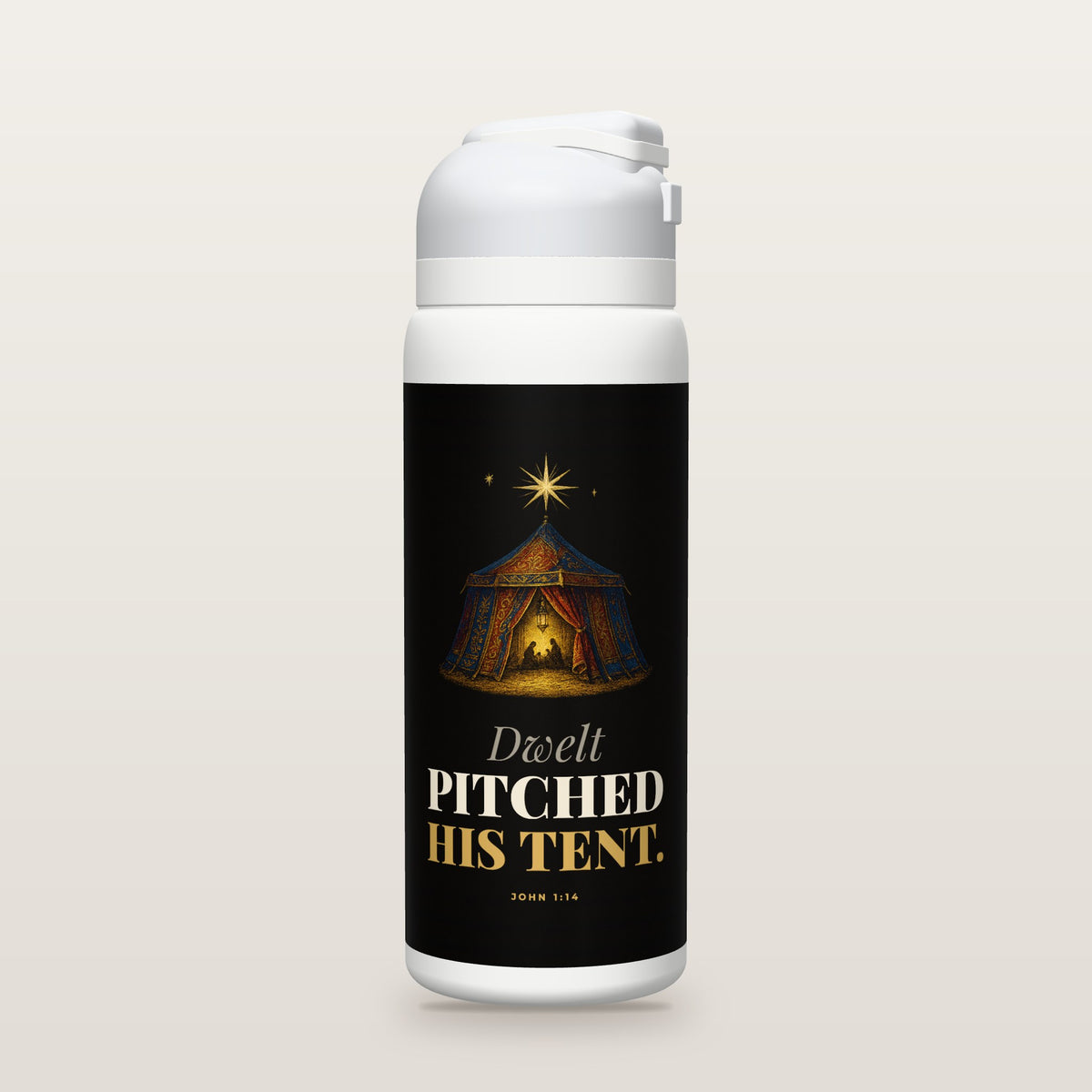 White Owala water bottle with a black printed band, a hand-painted engraving of an ornate tent glowing with lamplight under a bright star, and the words Dwelt PITCHED HIS TENT. with John 1:14.