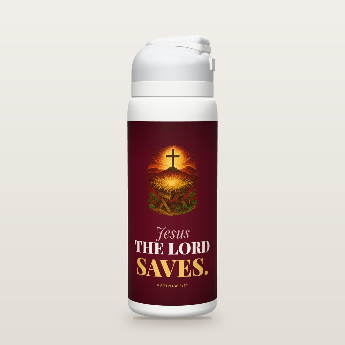 White Owala water bottle with a cranberry printed band, a hand-painted glowing manger with a cross on a distant hill at sunrise, and the words Jesus THE LORD SAVES. with Matthew 1:21.