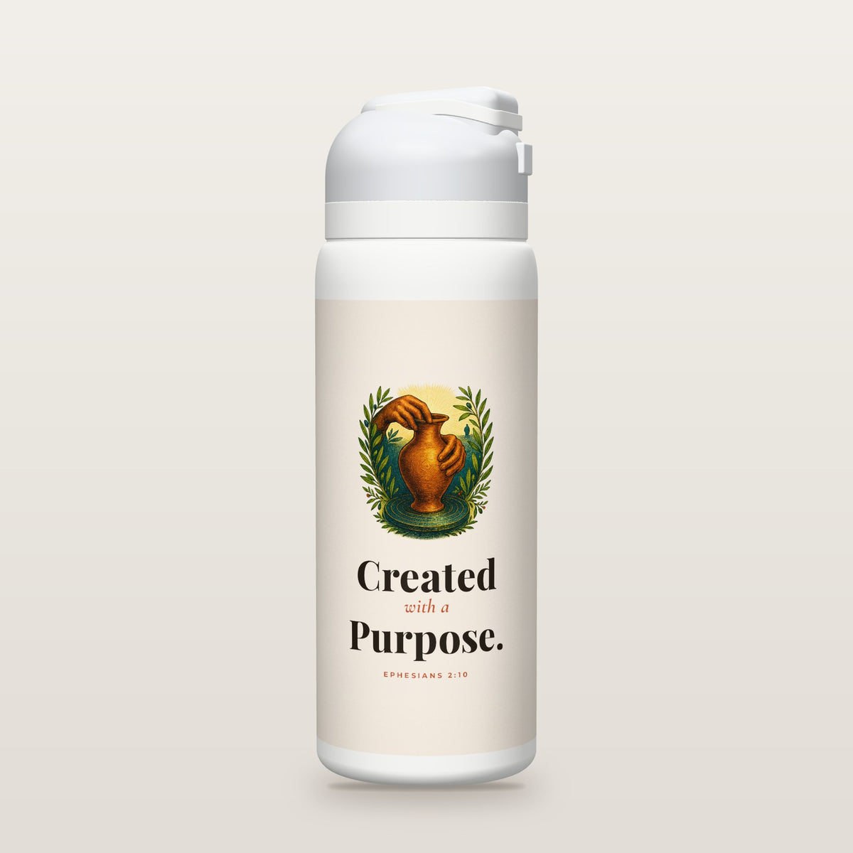 White Owala water bottle with a cream printed band, a hand-painted engraving of a potter's hands shaping a clay vessel on a wheel, framed by olive branches, and the words Created with a Purpose, Ephesians 2:10.