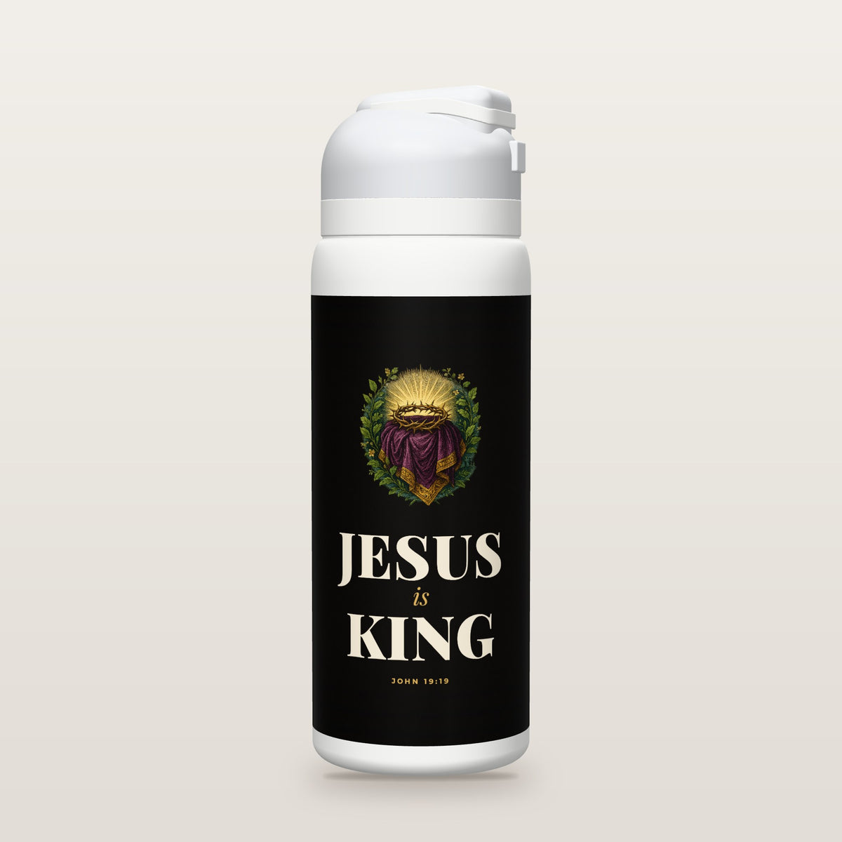 White Owala water bottle with a black printed band, a hand-painted engraving of a crown of thorns on a royal purple robe with golden rays and the words JESUS is KING with John 19:19.