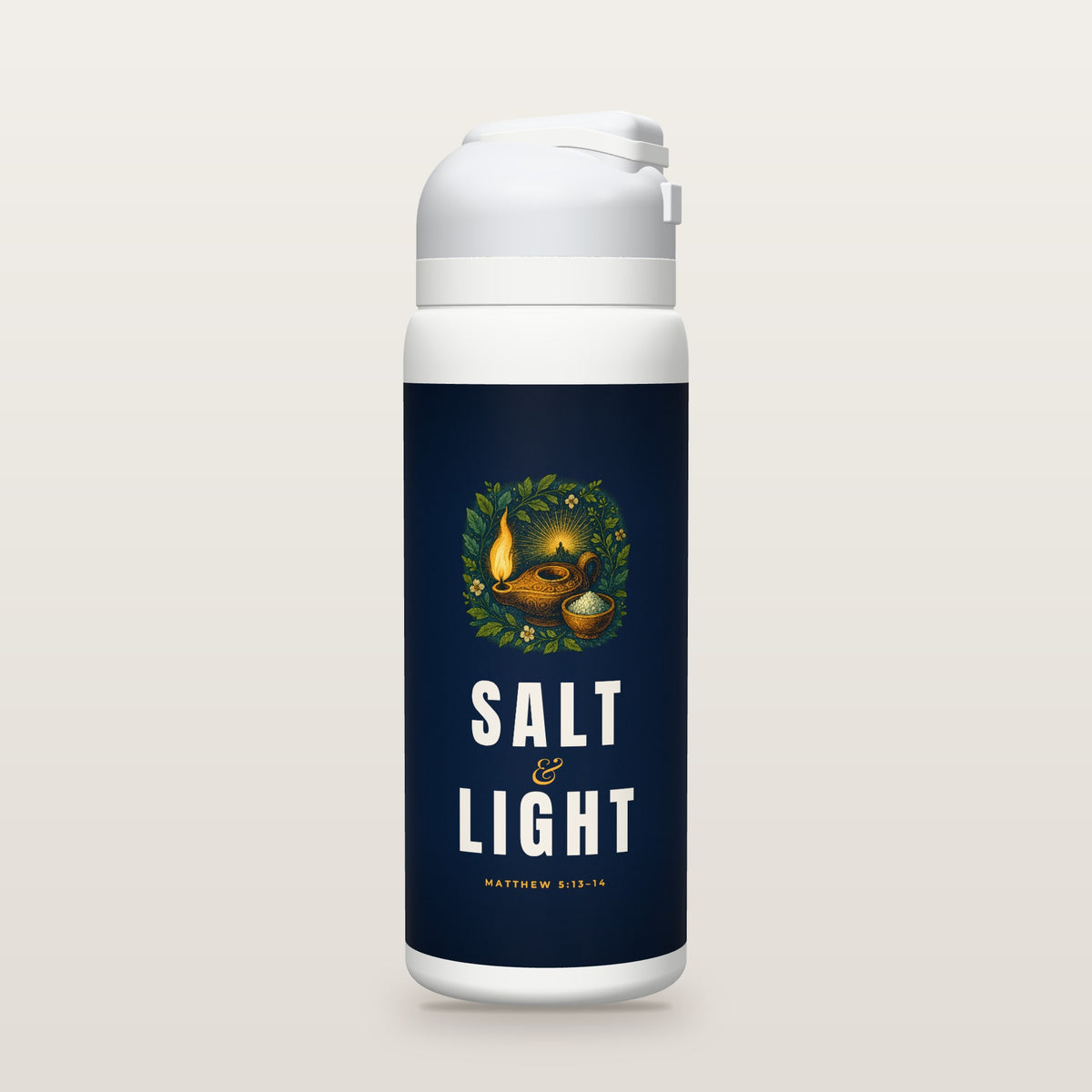 White Owala water bottle with a navy printed band, a hand-painted engraving of an oil lamp with a golden flame beside a bowl of salt, and bold SALT & LIGHT lettering, Matthew 5:13–14.