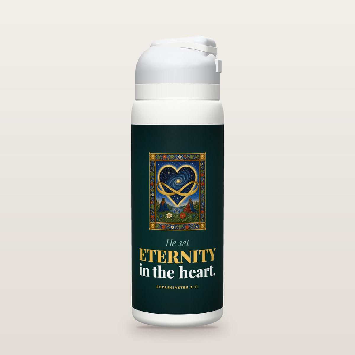 White Owala water bottle with a teal printed band, an illuminated-manuscript miniature of a heart opening onto a starry galaxy, wrapped in a golden infinity ribbon, the words He set ETERNITY in the heart, and Ecclesiastes 3:11 with its meaning.