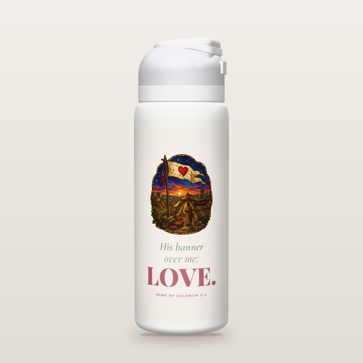 White Owala water bottle with a soft rose printed band, a stained-glass illustration of a heart banner flying high over a camp of tents, the words His banner over me: LOVE, and Song of Solomon 2:4 with its meaning.