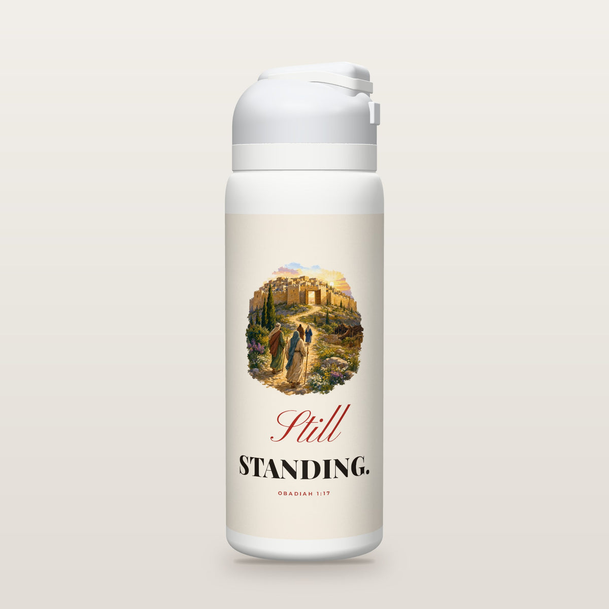 White Owala water bottle with a parchment printed band, a gouache painting of travelers climbing a mountain road to a hilltop city with open gates, the words Still STANDING, and Obadiah 1:17 with its meaning.