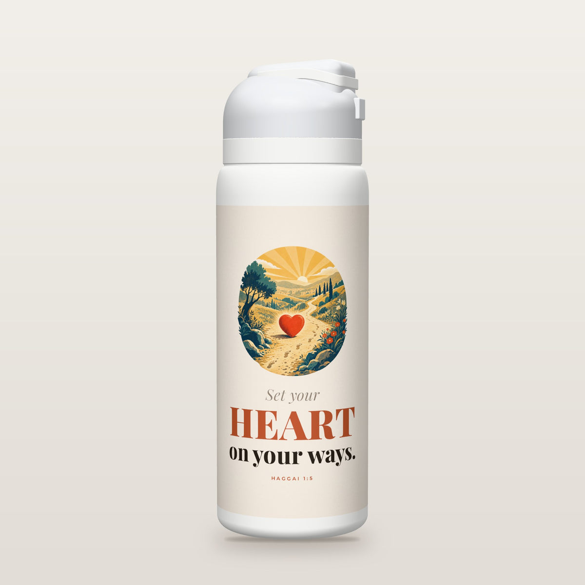 White Owala water bottle with a clay printed band, a vintage screen-print illustration of a red heart set down on a winding path marked with footprints, the words Set your HEART on your ways, and Haggai 1:5 with its meaning.