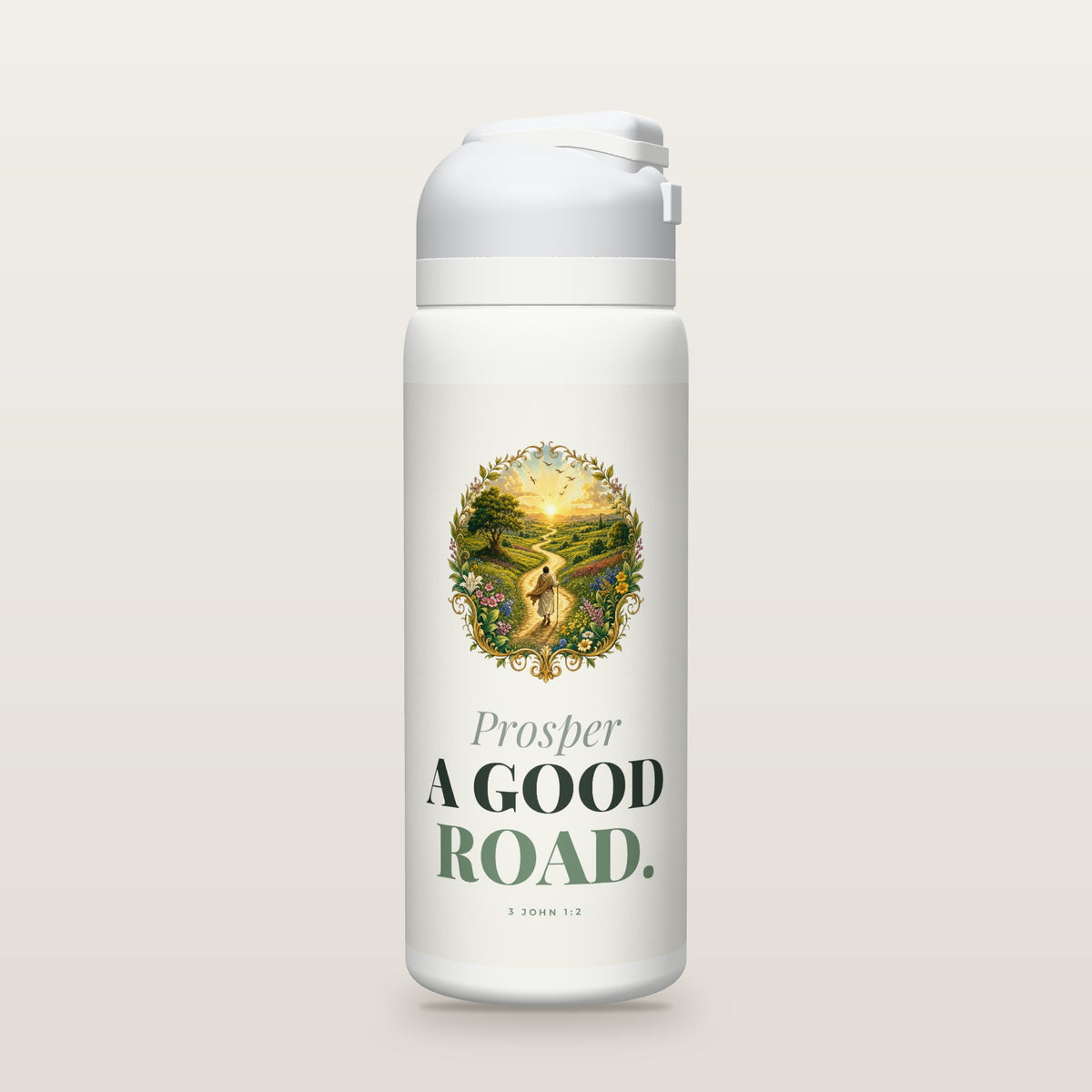 White Owala water bottle with a sage printed band, a hand-painted engraving of a traveler with a staff walking a flowering road toward the sunrise, the words Prosper A GOOD ROAD, and 3 John 1:2 with its meaning.
