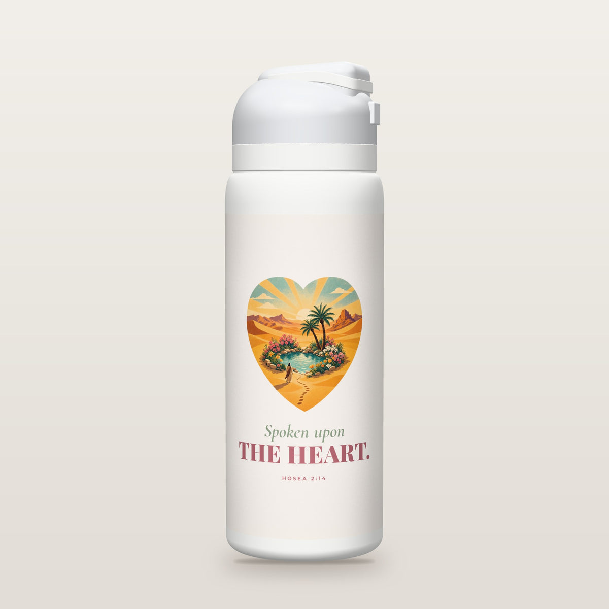 White Owala water bottle with a soft rose printed band, a vintage screen-print illustration of a heart-shaped oasis with palm trees in the desert, the words Spoken upon THE HEART, and Hosea 2:14 with its meaning.