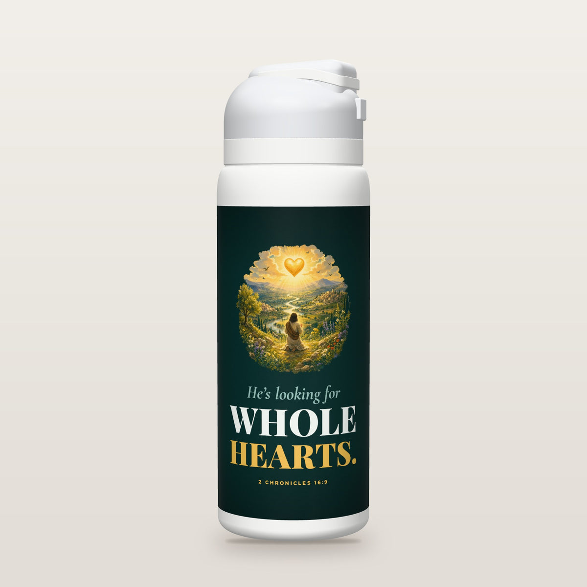 White Owala water bottle with a teal printed band, a gouache painting of a figure kneeling in prayer under a glowing heart as golden light sweeps the land, the words He’s looking for WHOLE HEARTS, and 2 Chronicles 16:9 with its meaning.