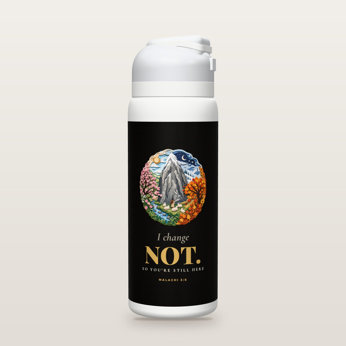 White Owala water bottle with a black printed band, a layered cut-paper illustration of a mountain rock through every season with sheep resting safe at its foot, the words I change NOT, and Malachi 3:6 with its meaning.