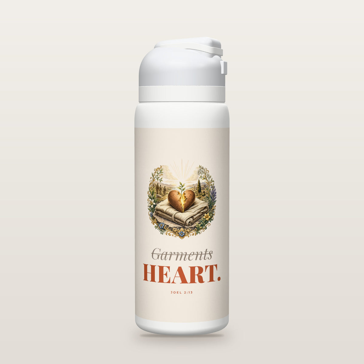 White Owala water bottle with a clay printed band, a hand-painted engraving of a clay heart split open with light and a green sprout, resting on a whole, untorn robe, the word Garments crossed out above HEART, and Joel 2:13 with its meaning.