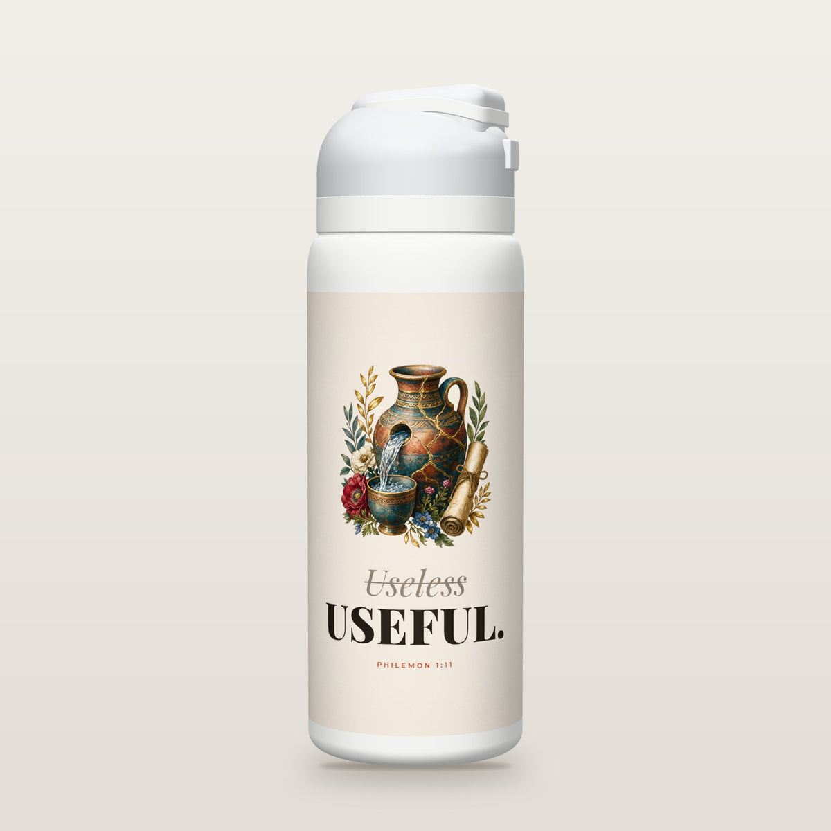 White Owala water bottle with a cream printed band, a hand-painted engraving of a gold-mended clay jar pouring water into a cup beside a letter scroll, the word Useless crossed out above USEFUL, and Philemon 1:11 with the meaning behind Onesimus’s name.