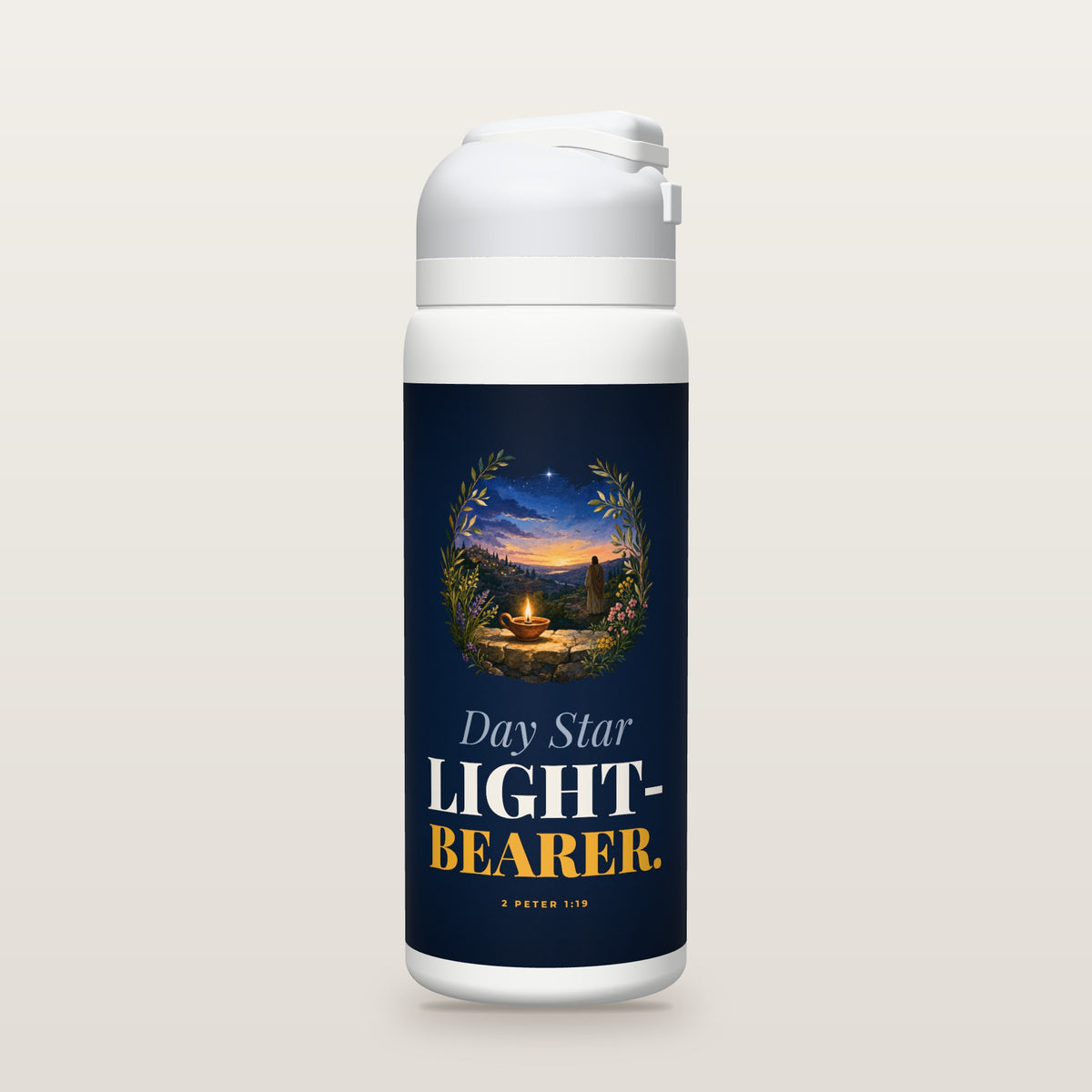 White Owala water bottle with a navy printed band, a gouache painting of an oil lamp glowing on a stone ledge as the morning star rises, the words Day Star and LIGHT-BEARER, and 2 Peter 1:19 with the meaning of day star.