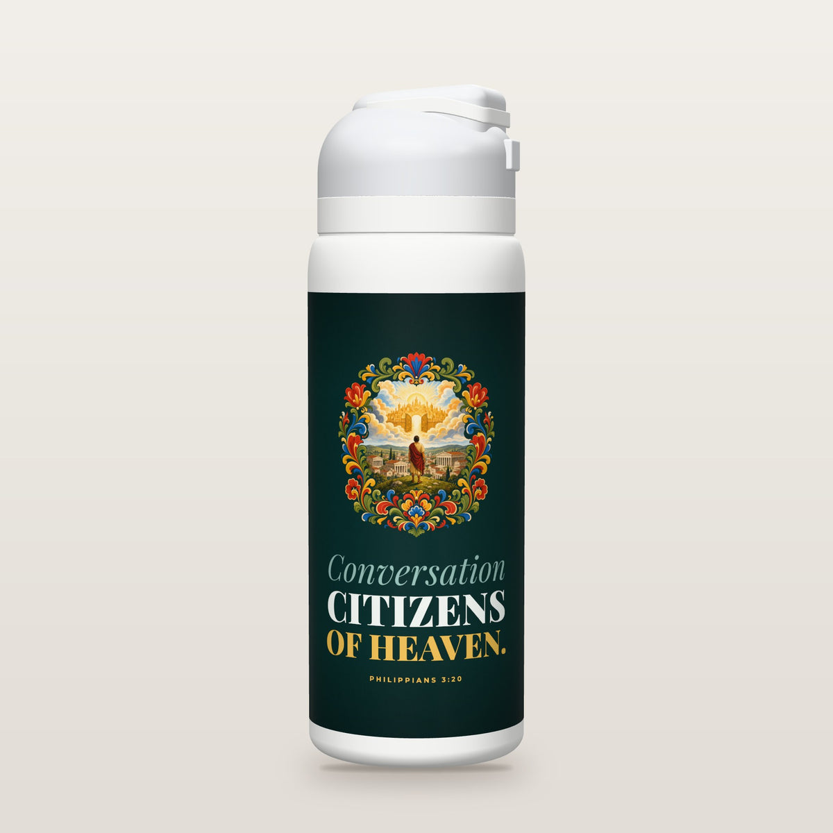 White Owala water bottle with a teal printed band, a hand-painted folk-art illustration of a traveler above a Roman town looking up at a golden city in the clouds, the words Conversation and CITIZENS OF HEAVEN., and Philippians 3:20 with the meaning of conversation.