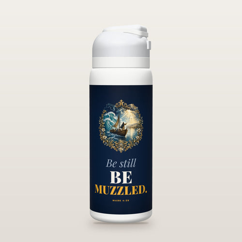 White Owala water bottle with a navy printed band, a hand-painted engraving of a fishing boat on a sea falling calm as storm clouds part, a robed figure at the bow, the words Be still and BE MUZZLED., and Mark 4:39 with the meaning of be still.